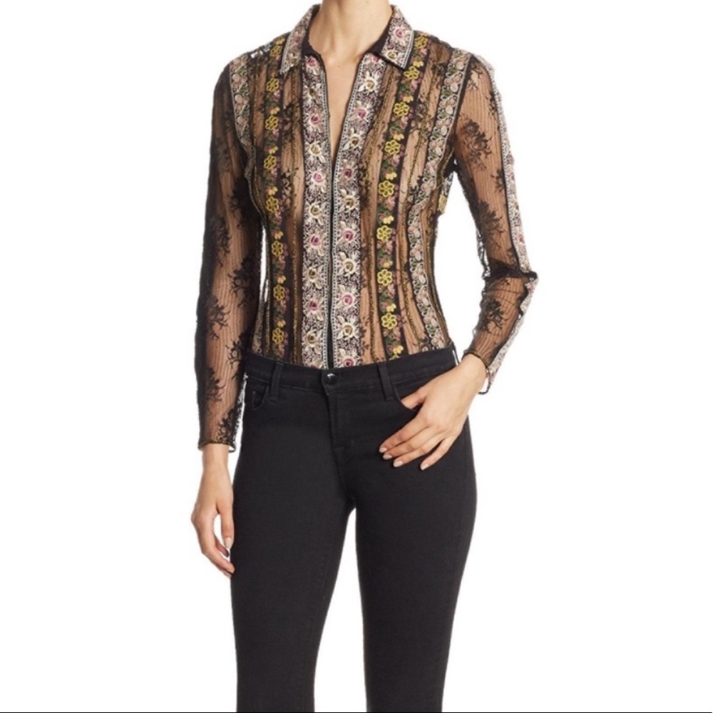 Alice and Olivia Embroidered Hook-Eye Shirt